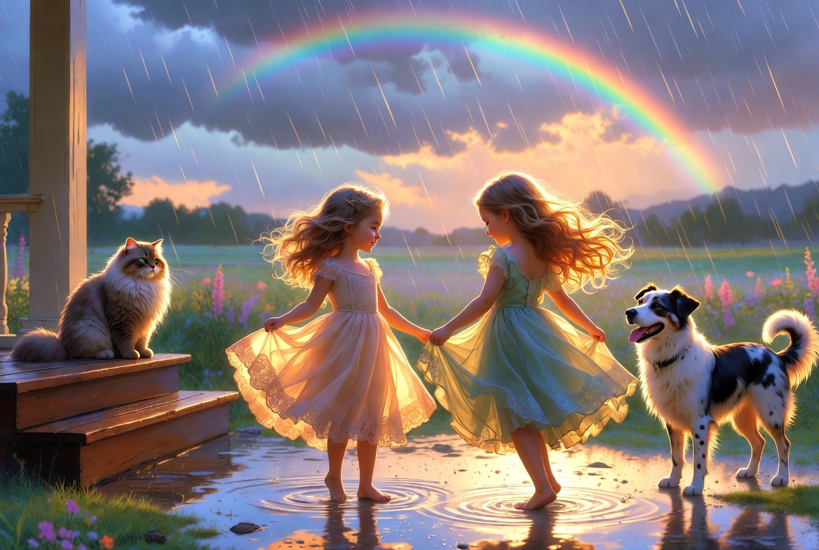 Two girls dancing in rain under a rainbow with cat and dog